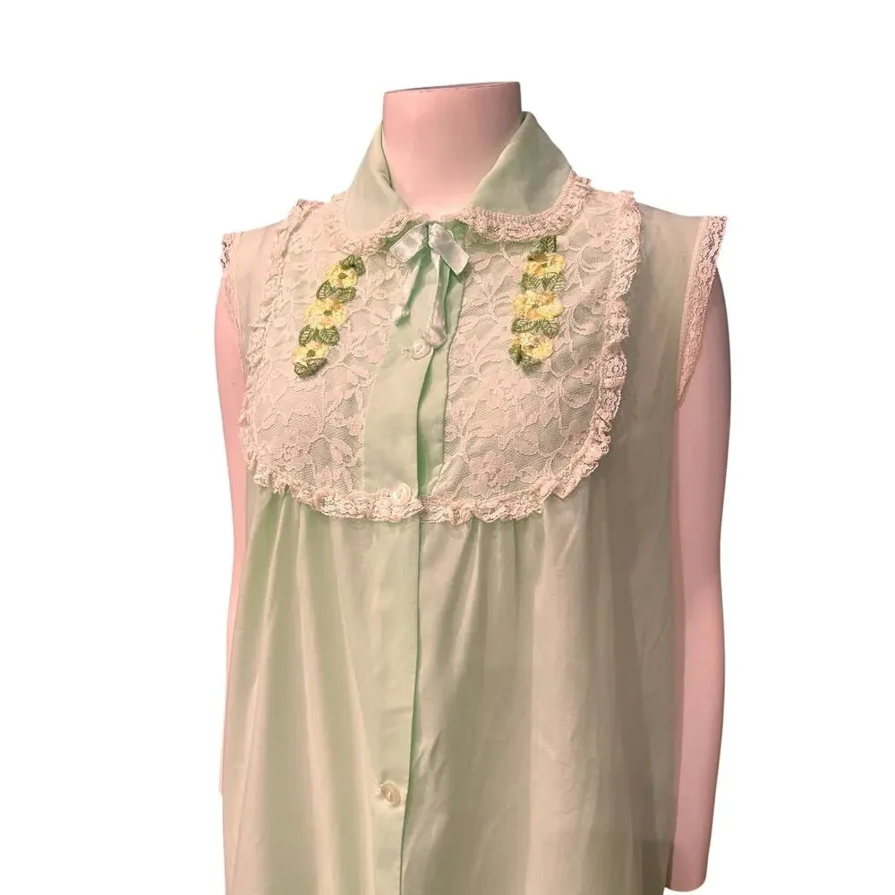 Vintage 1960s Mint Green Lace Cotton Nightgown Embroidered Floral Large -